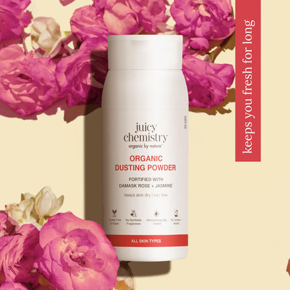 Juicy Chemistry 100% Organic Dusting Powder with Damask Rose + Jasmine, 100g | Refreshing & Cooling Face & Body Powder | Controls Oil, Sweat, Odour & Itching | Soothes Irritated Skin | Talc-Free | Dermatologically Tested