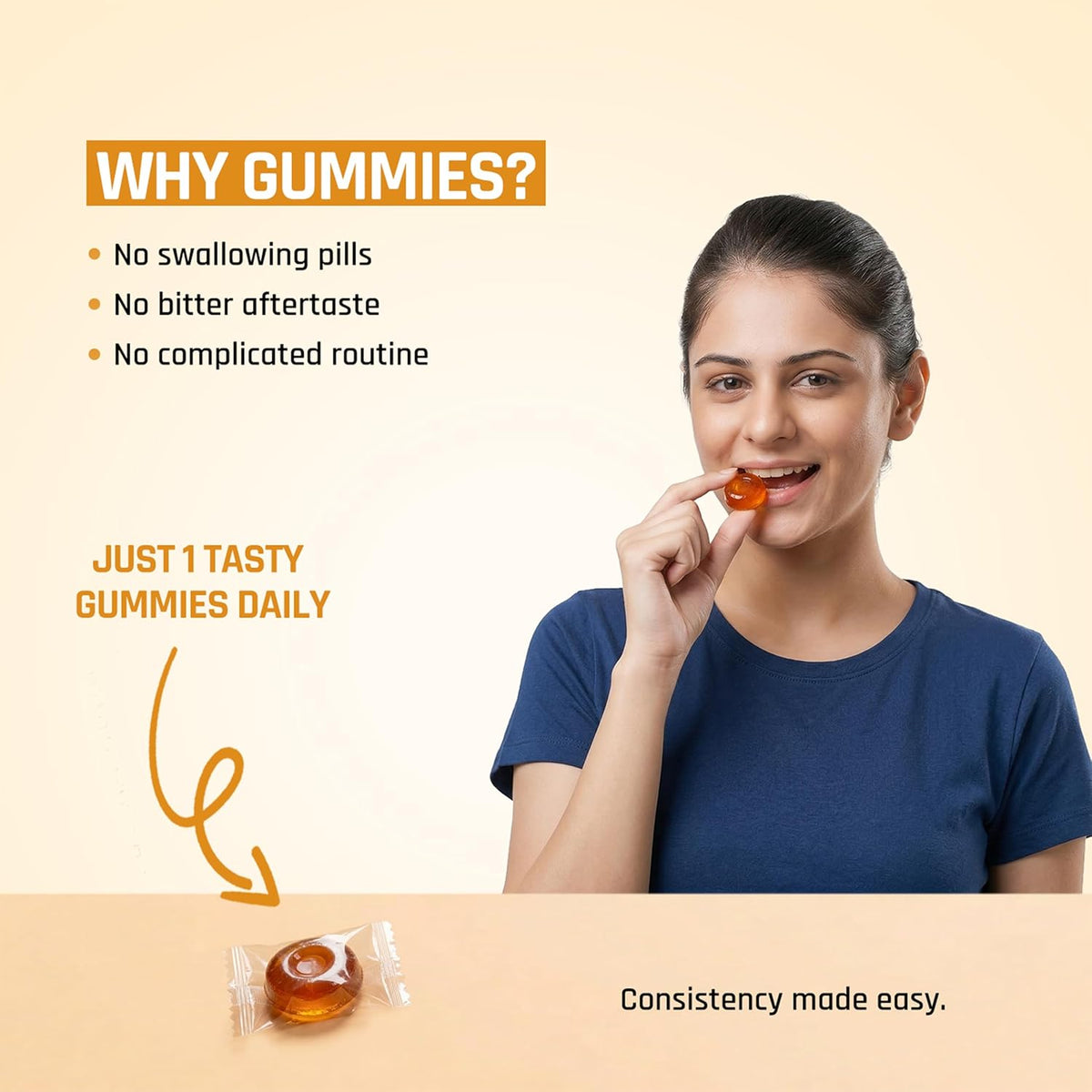 Woman eating a gummy supplement with text highlighting benefits on a beige background