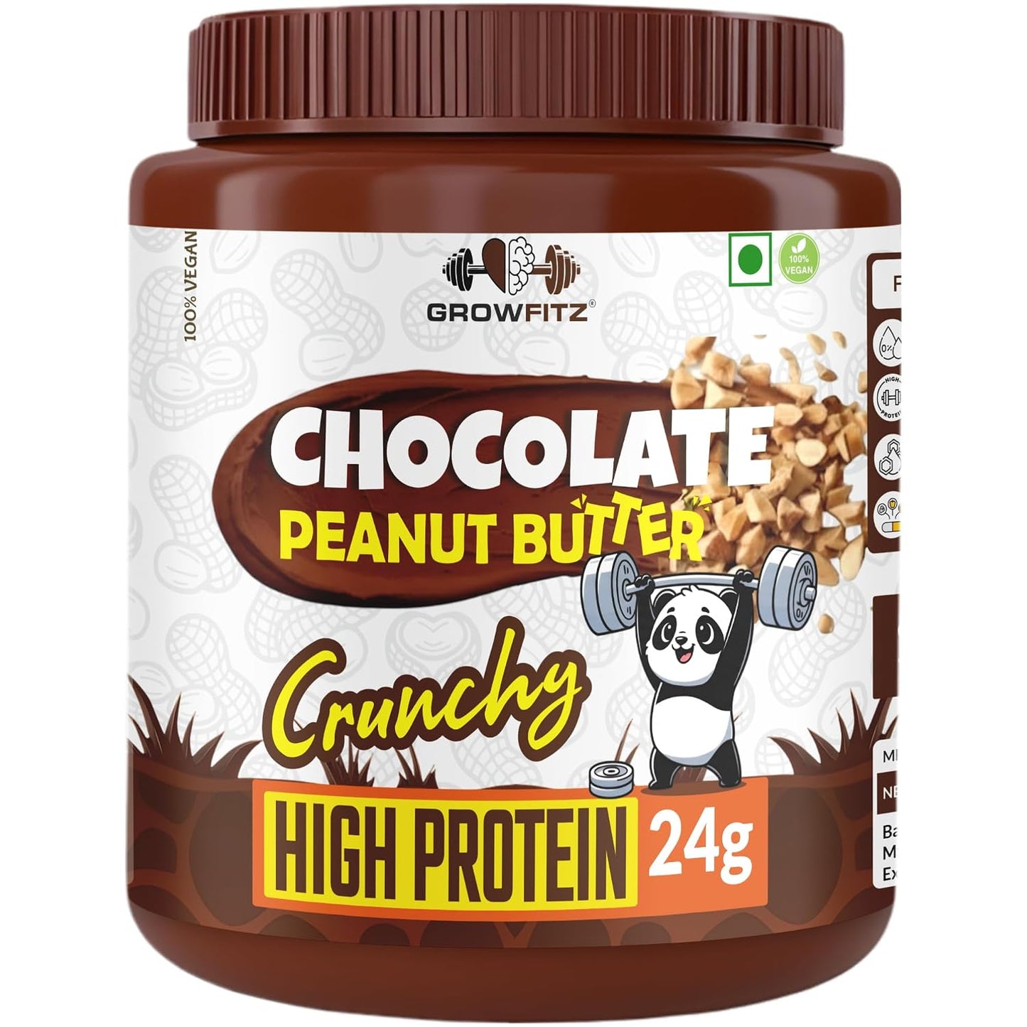 Growfitz Peanut Butter Chocolate Crunchy 800g | 24g High Protein Peanut Butter | 7g Fiber | Tasty & Healthy Nut Butter Spread for Breakfast & Snacks | Roasted Peanuts | Zero Sugar (Pack of 1)