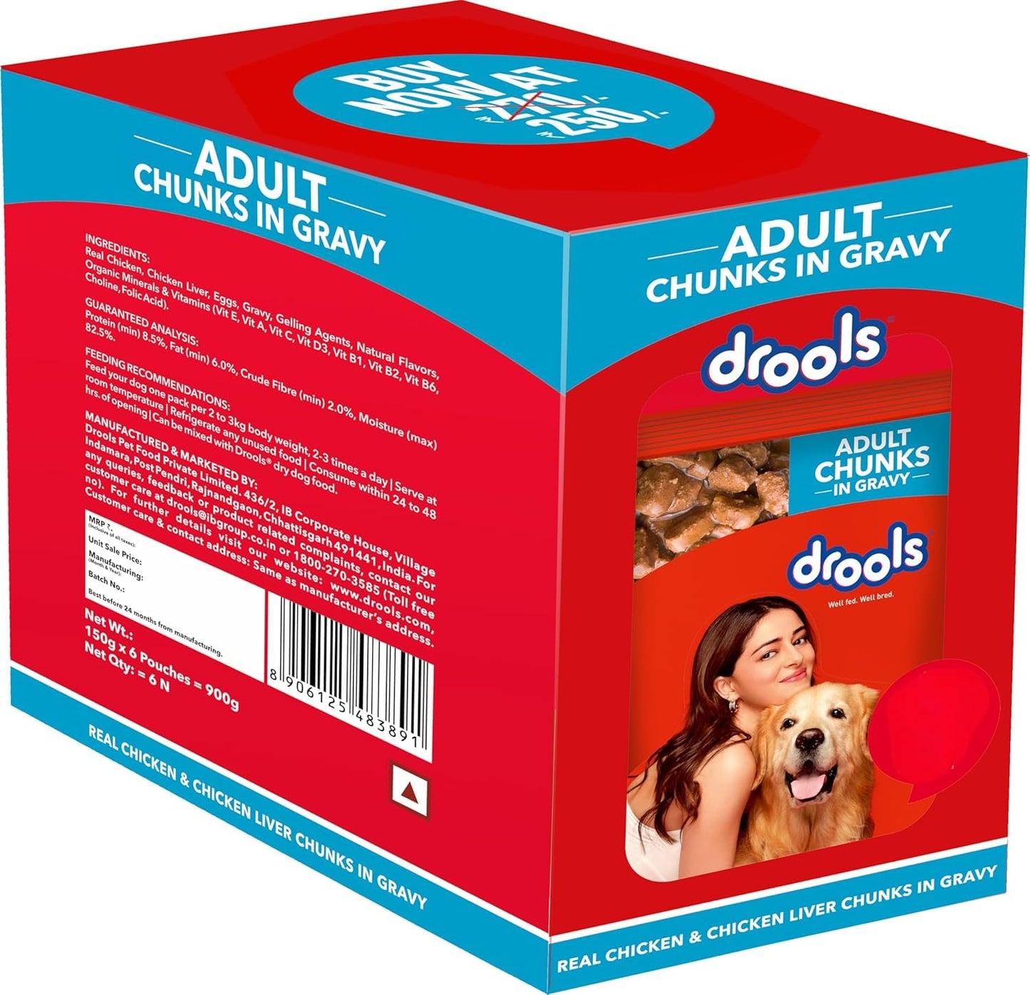 Drools Adult Wet Dog Food 0.9kg (150g x 6) Pack of 6 | Real Chicken and Chicken Liver Chunks in Gravy | Healthy Skin and Coat | Maintains Joint Health | Better Digestibility and Health
