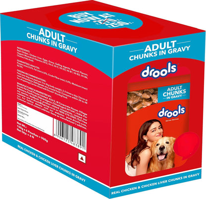 Drools Adult Wet Dog Food 0.9kg (150g x 6) Pack of 6 | Real Chicken and Chicken Liver Chunks in Gravy | Healthy Skin and Coat | Maintains Joint Health | Better Digestibility and Health