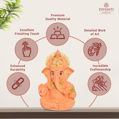 24K Gold Plated Resin Lord Ganesha Idol for Car Dashboard, Tabletop|Ganesh Statue for Good Luck and Success|Ganpati Murti for Home Decor Mandir, Office Desk Puja Gift Light Orange (8.4x4.2cm)