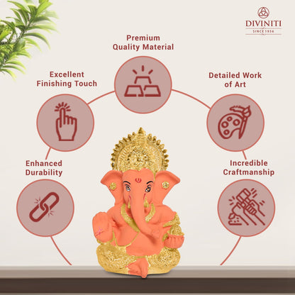 24K Gold Plated Resin Lord Ganesha Idol for Car Dashboard, Tabletop|Ganesh Statue for Good Luck and Success|Ganpati Murti for Home Decor Mandir, Office Desk Puja Gift Orange & Gold(8.4x4.2cm)