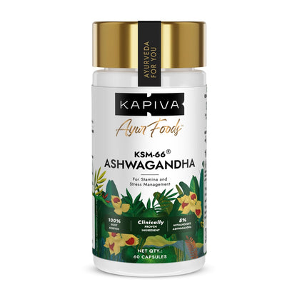 Kapiva KSM-66 Ashwagandha (500mg) | Clinically Proven with 5% Withanolides | 100% Root Extract | Supports Cortisol Balance, Strength & Vitality | Natural Stress Relief | 60 Veg Capsules
