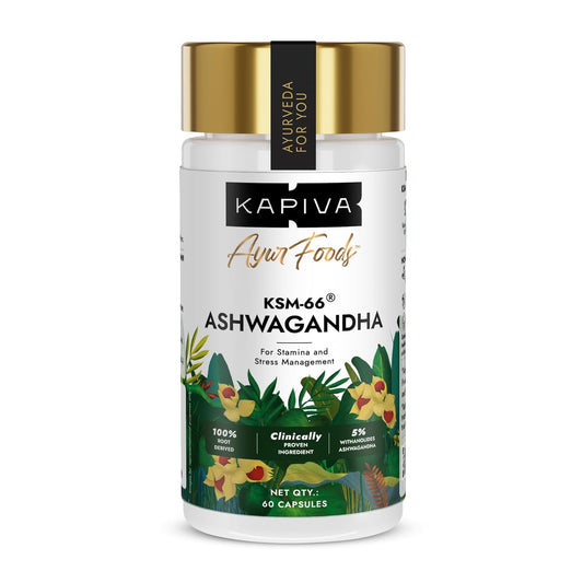 Kapiva KSM-66 Ashwagandha (500mg) | Clinically Proven with 5% Withanolides | 100% Root Extract | Supports Cortisol Balance, Strength & Vitality | Natural Stress Relief | 60 Veg Capsules