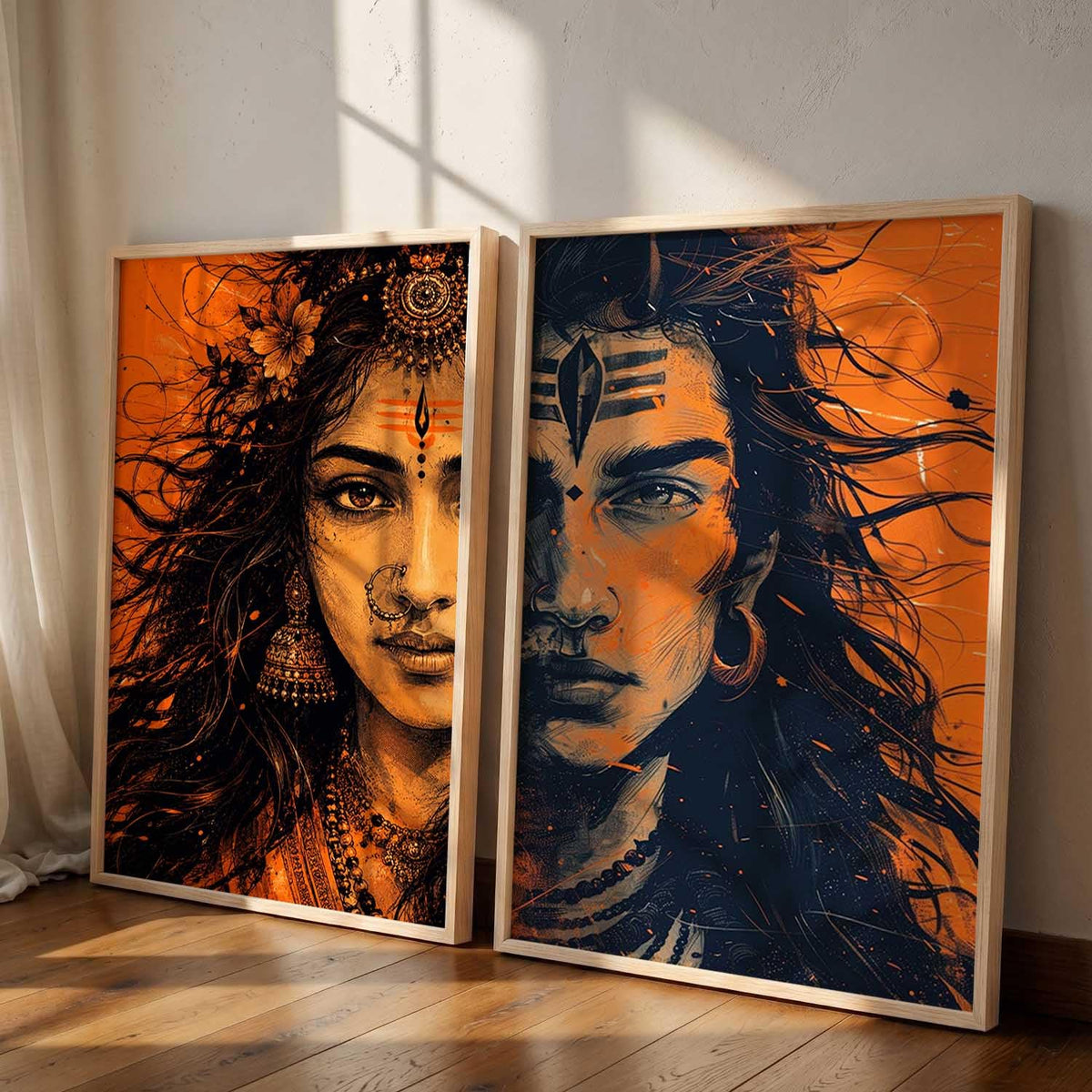 Set of 2 Framed Wall Art Prints, Premium HD Modern Wall Decor for Living Room, Bedroom, Office & Home, Abstract, Spiritual, Floral, Nature, Botanical & Boho Artwork, Ready to Hang (Shiv parwati 1, 13X19, Brown)