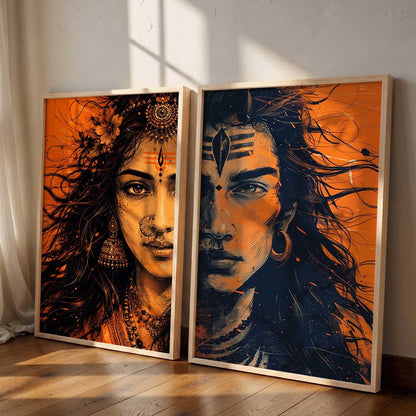 Set of 2 Framed Wall Art Prints, Premium HD Modern Wall Decor for Living Room, Bedroom, Office & Home, Abstract, Spiritual, Floral, Nature, Botanical & Boho Artwork, Ready to Hang (Shiv parwati 1, 13X19, Brown)