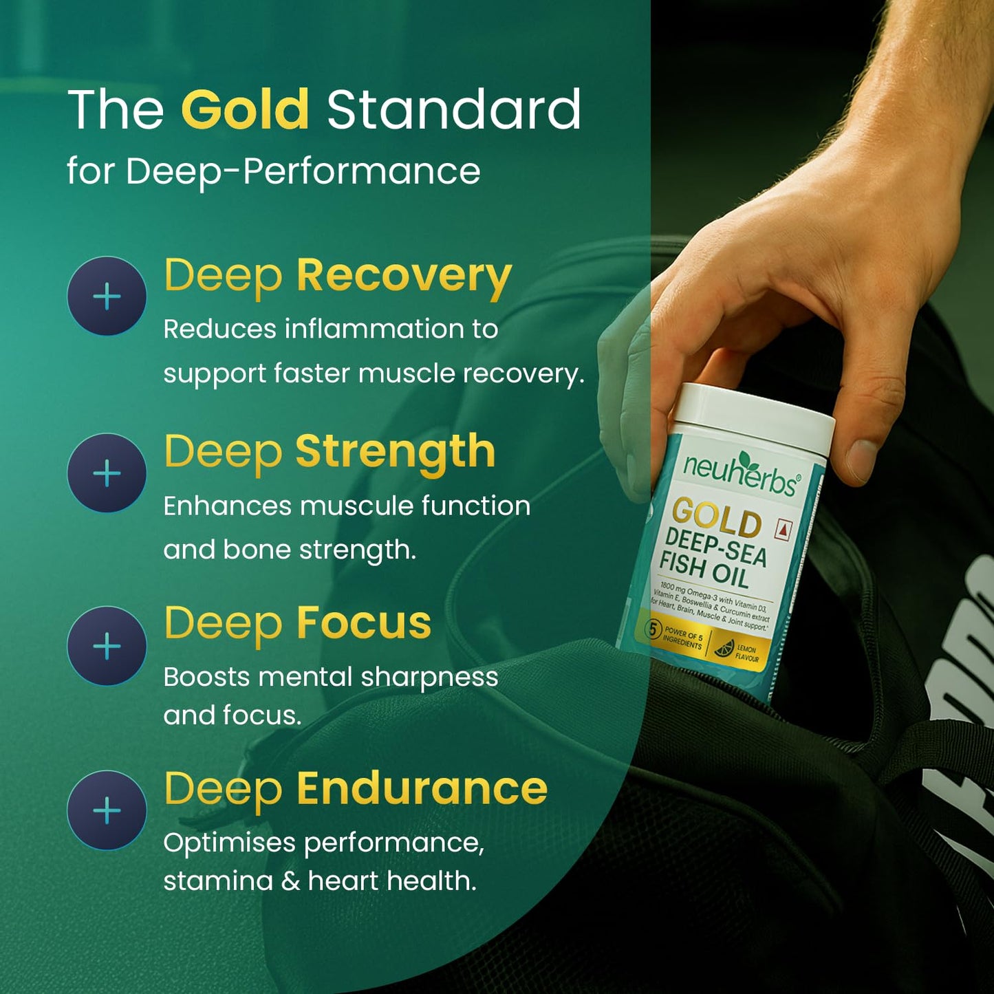 Neuherbs Gold Deep Sea 6X Omega 3 Fish Oil Capsules - 60 Softgels | EPA - 1080mg & DHA - 720mg | Vitamin E & D3 For Muscle, Brain & Joints Support | Lemon Flavour | No Fishy Burps| Heavy Metals Tested