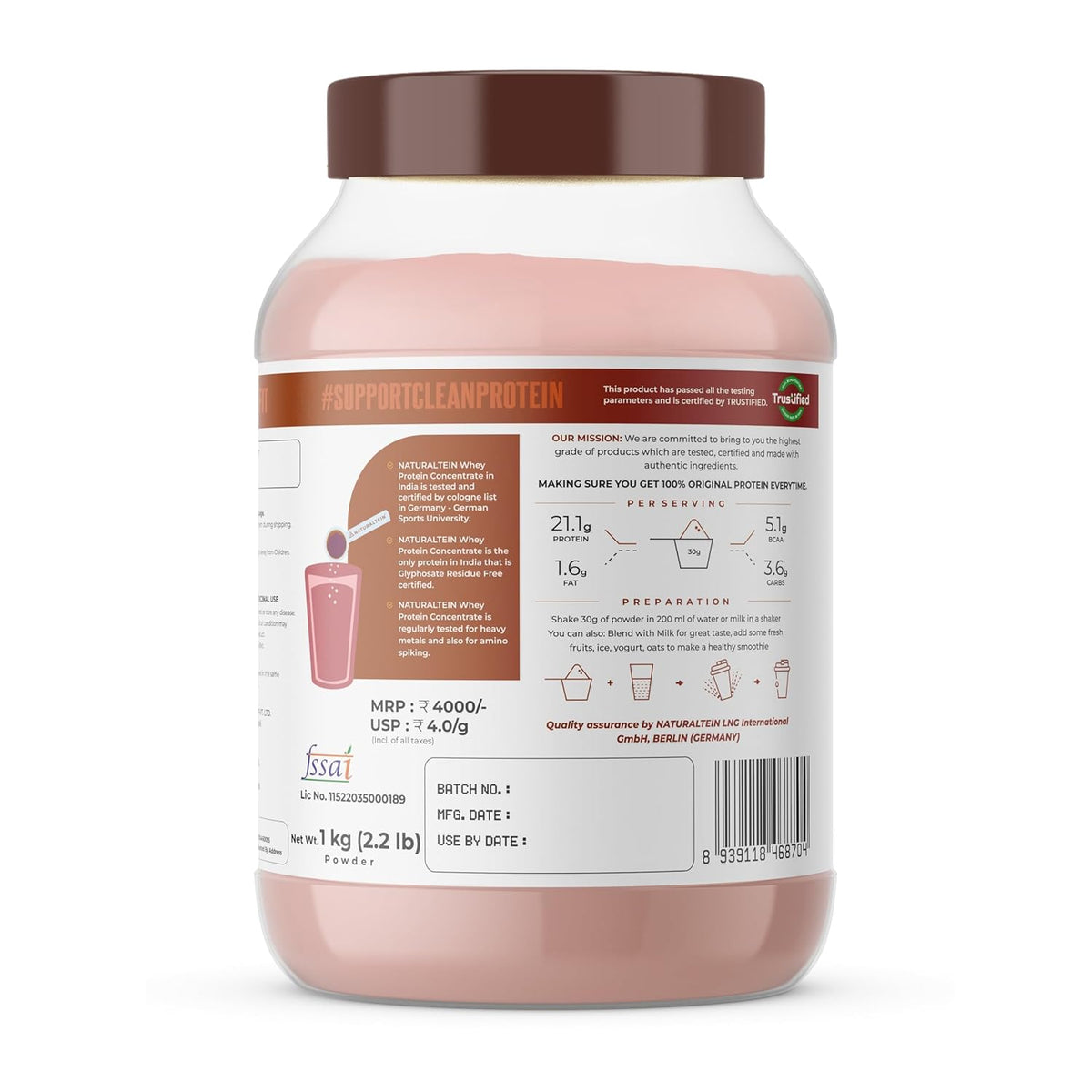 Protein powder container with label on a white background