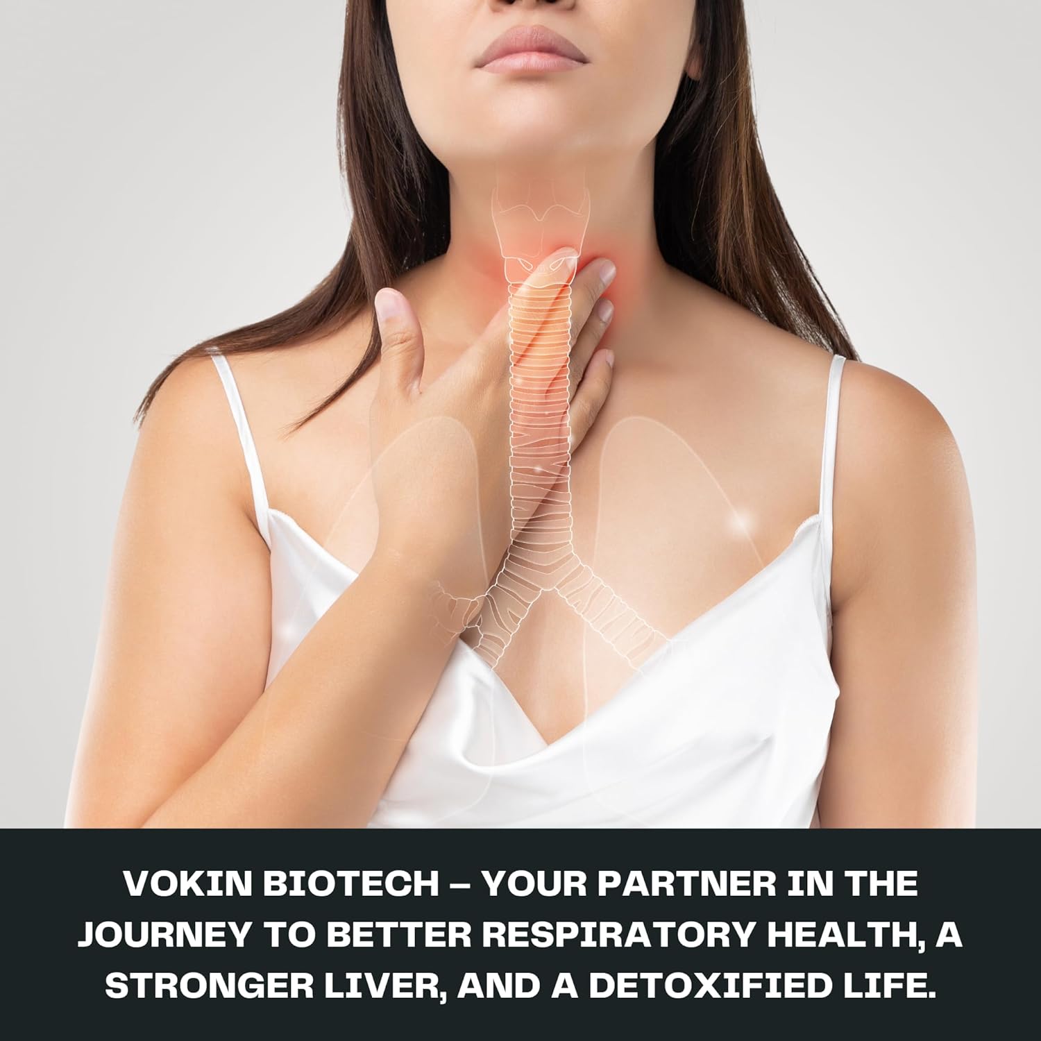 Woman touching her neck with a transparent overlay showing respiratory system, with Vokin Biotech branding.