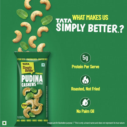 Tata Simply Better Punchy Pudina Style Cashews, 23g (Pack of 5), Rich in Protein, Party Snack, Delicious Kaju Nuts, Ready To Eat Snack, No Palm Oil, No Trans Fat