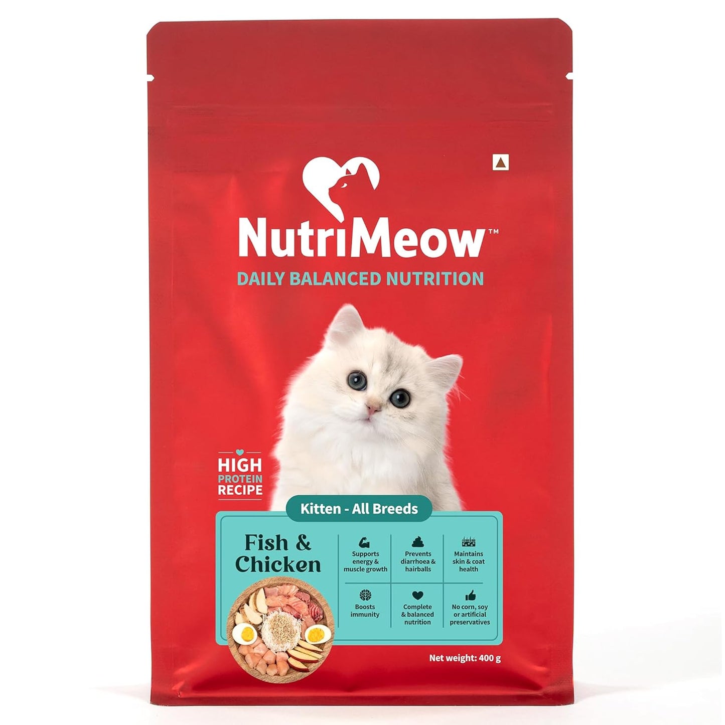 NutriMeow Fish & Chicken Kitten Dry Food for All Breeds - 400 gm | Daily Balanced Nutrition with Protein, Vitamins & Minerals for Growth Support | Healthy Digestion, Immunity, Skin & Coat Support