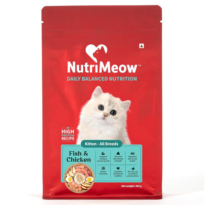 NutriMeow Fish & Chicken Kitten Dry Food for All Breeds - 400 gm | Daily Balanced Nutrition with Protein, Vitamins & Minerals for Growth Support | Healthy Digestion, Immunity, Skin & Coat Support