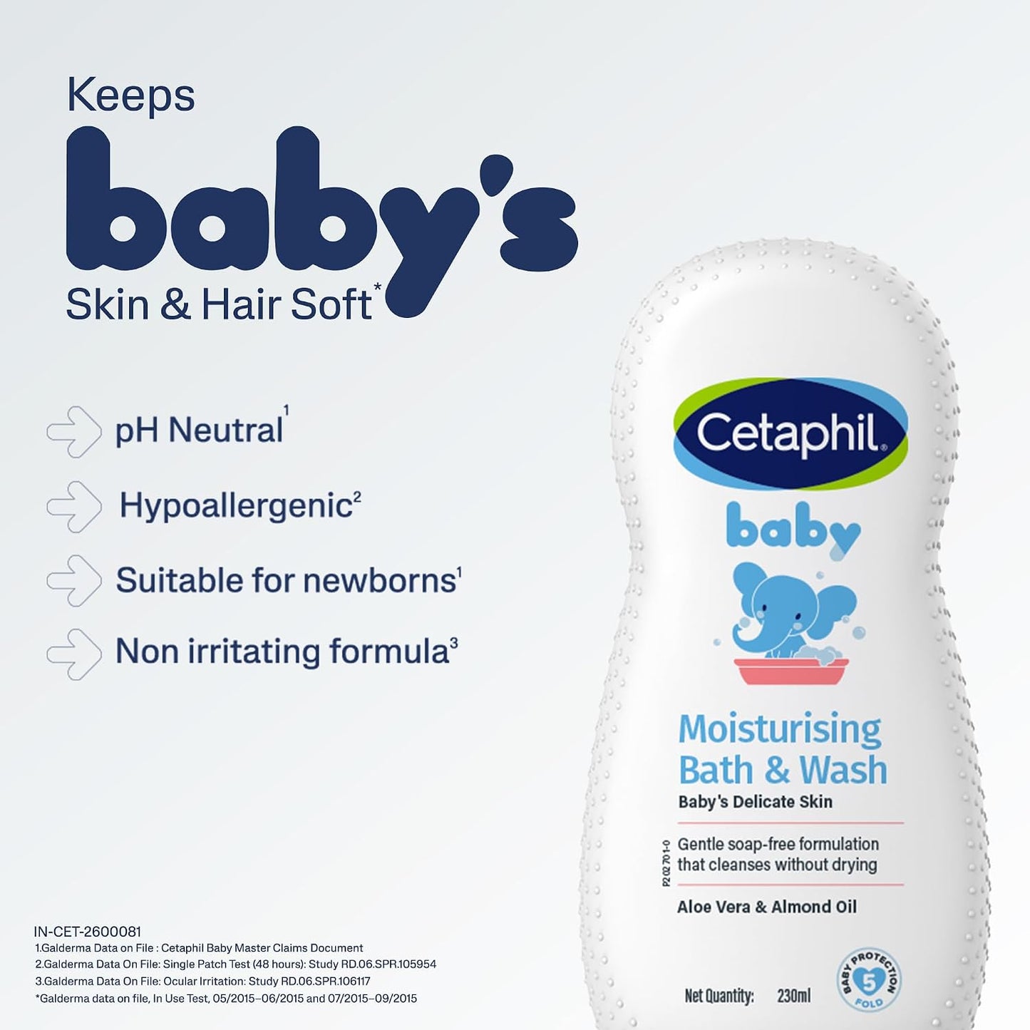 Cetaphil Baby Moisturising Bath & Wash 230ml | Tear-Free Bath & Wash Cleanser | Gentle Soap-Free Formula for Newborn, Baby Bath & Wash for Sensitive Skin | Dermatologist Tested, Hypoallergenic Moisturising Cleanser for Baby