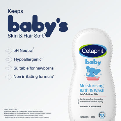 Cetaphil Baby Moisturising Bath & Wash 230ml | Tear-Free Bath & Wash Cleanser | Gentle Soap-Free Formula for Newborn, Baby Bath & Wash for Sensitive Skin | Dermatologist Tested, Hypoallergenic Moisturising Cleanser for Baby