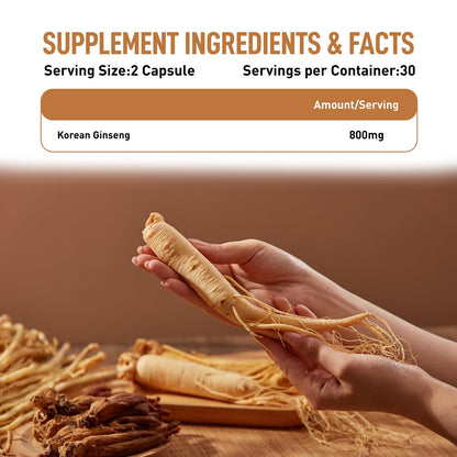 Supplement ingredients and facts with Korean Ginseng on a wooden surface