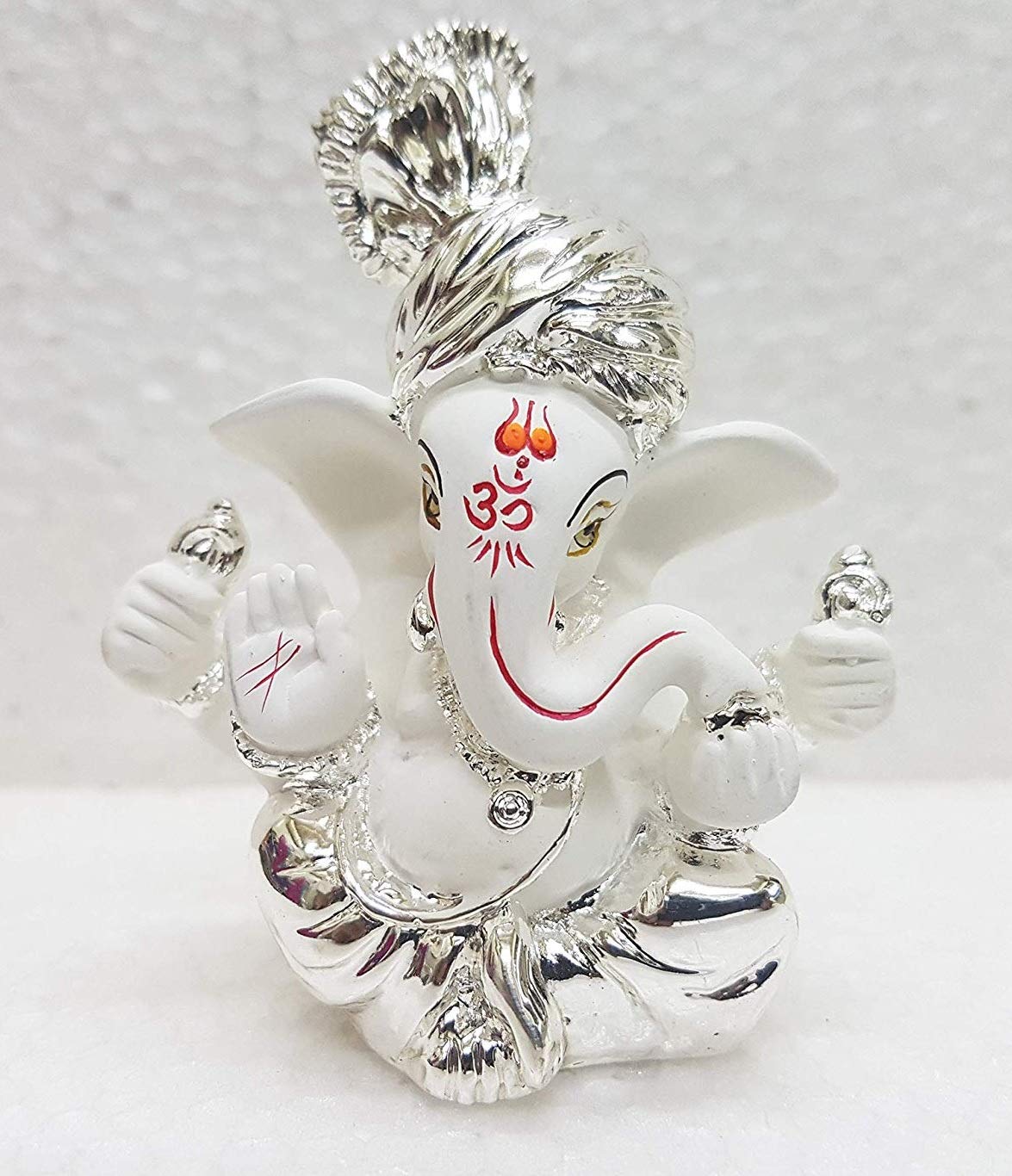 Gold Art India Ceramic Pagdi Ganesh Idol For Car Dashboard Small Ganesha Murti Ganpati Idol For Home Decor Puja Lord Ganesh Statue Gift For Office Desk Puja Room Figurine, 6X4X3Cm, Silver, Idol