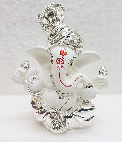 Gold Art India Ceramic Pagdi Ganesh Idol For Car Dashboard Small Ganesha Murti Ganpati Idol For Home Decor Puja Lord Ganesh Statue Gift For Office Desk Puja Room Figurine, 6X4X3Cm, Silver, Idol