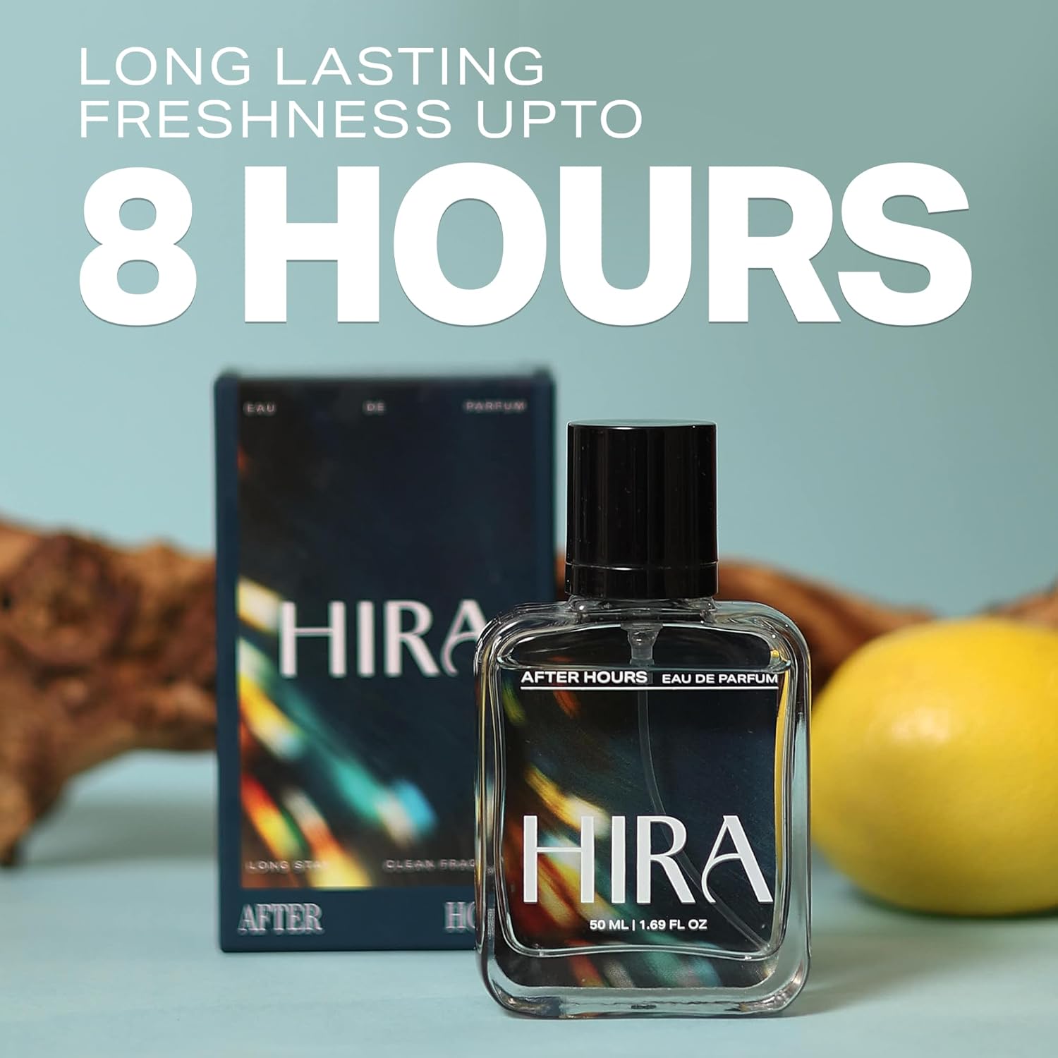HIRA perfume bottle and packaging with 'Long Lasting Freshness Upto 8 Hours' text on a light blue background.