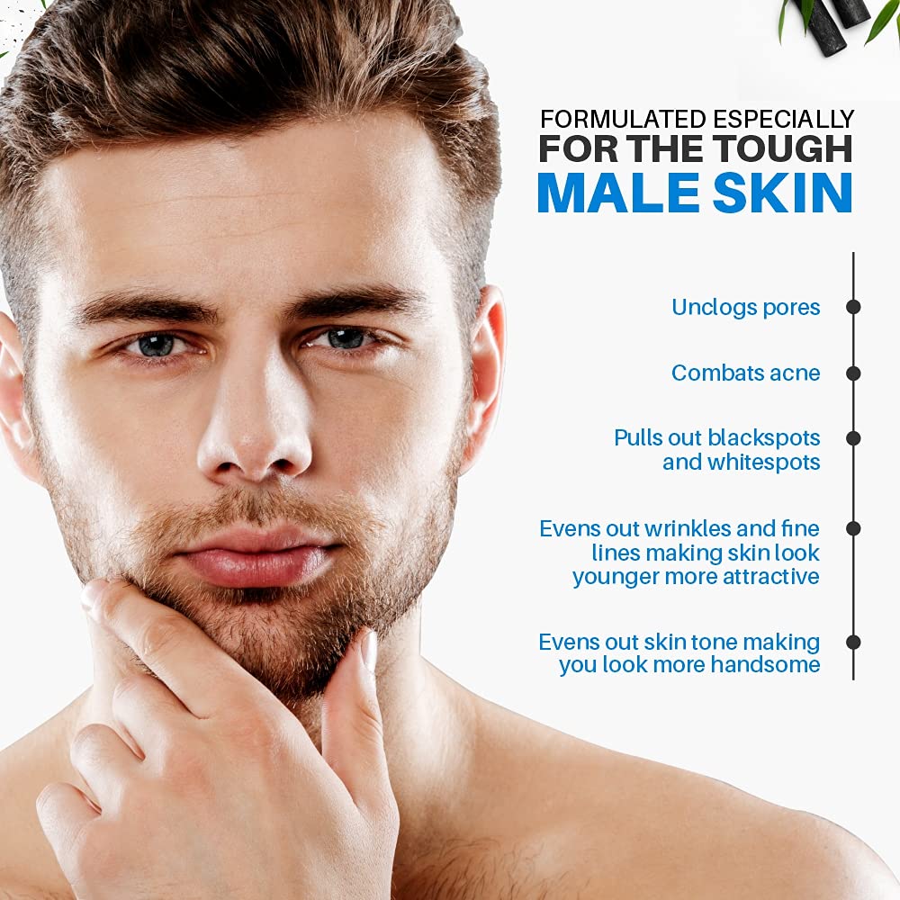 Man with a beard and mustache on a white background with text about skincare products for men.