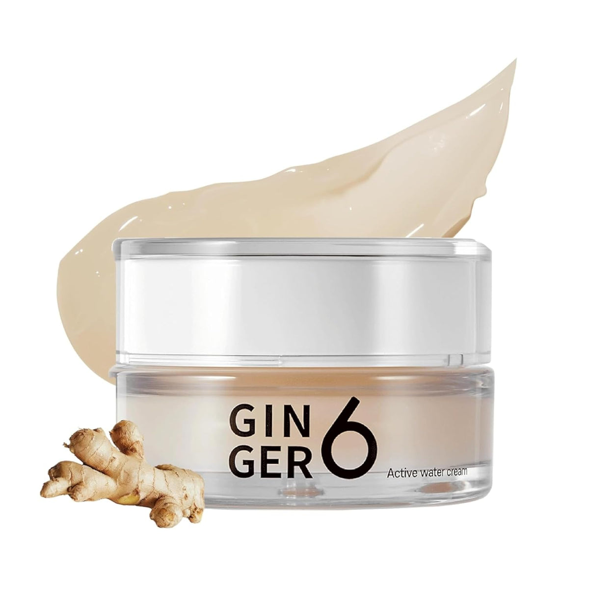 Jar of Ginger 6 active water cream with a piece of ginger on a white background