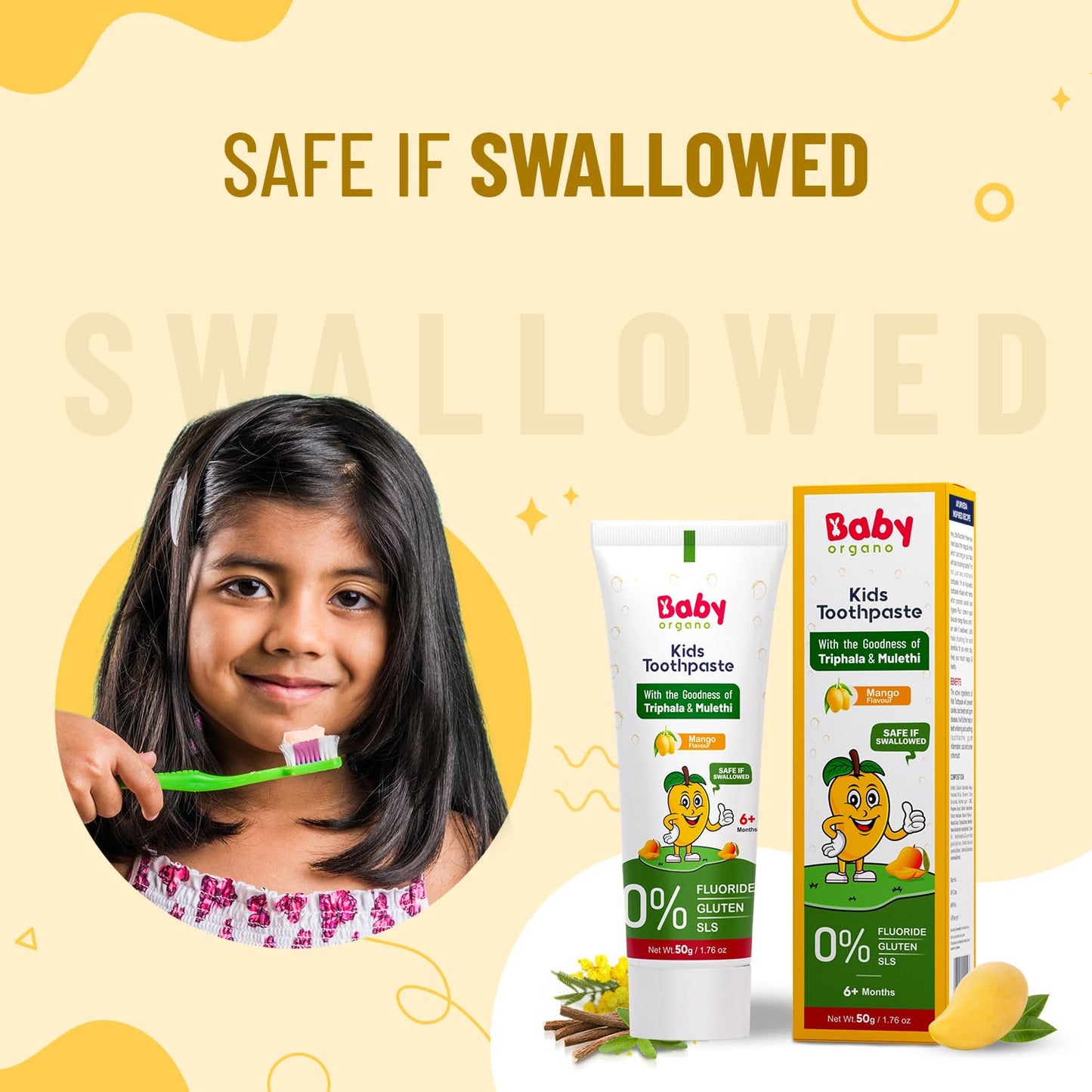 BabyOrgano Ayurvedic Kids Toothpaste for 6+ Months | Mango Flavour | Babool, Mulethi, Triphala & Khadir | Strengthens Gums & Cavity Prevention | Fluoride & SLS Free | FDCA Approved | 50g (Pack of 1)