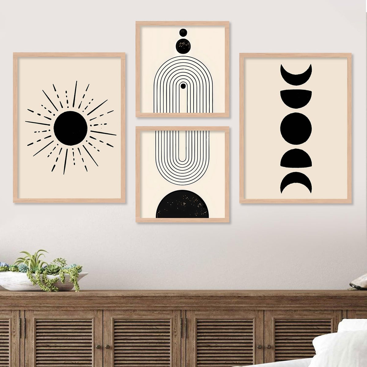 Premium Digital Paintings with Frame for Home Decoration - Minimal Shapes Black and White Painting for Living Room Bedroom Office Room Décor Set of 4 (Art 7, small (10x13 or 10x10 inch))