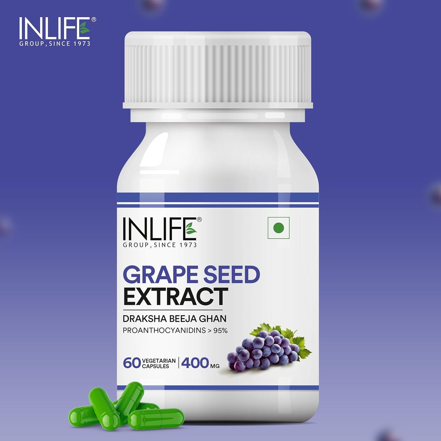 INLIFE Grape Seed Extract (Proanthocyanidins > 95%) Antioxidant, 400 mg - 60 Vegetarian Capsules (Pack of 1, 60)