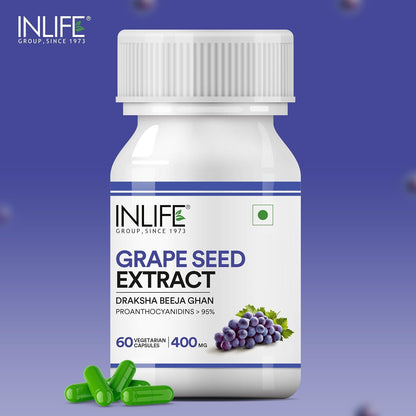 INLIFE Grape Seed Extract (Proanthocyanidins > 95%) Antioxidant, 400 mg - 60 Vegetarian Capsules (Pack of 1, 60)