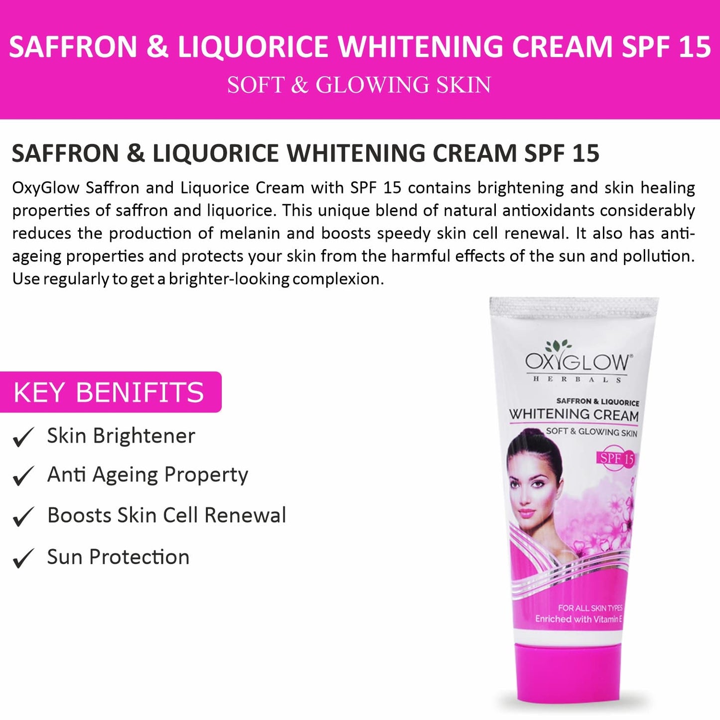 Oxyglow Herbal Saffron and Licourice Fairness Face Glow Cream for Soft and Glowing All Types of Skin SPF-15 with Vitamin E, Net. 60G (Pack)