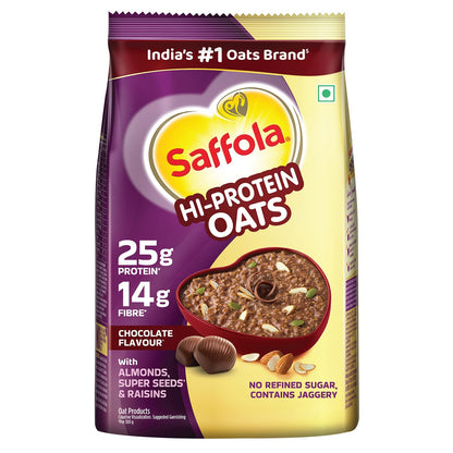 Saffola 25g High Protein Oats | 14g High Fibre | Chocolate flavour | No Refined Sugar | With Almonds, Raisin, Pumpkin and Chia Seeds | Rolled Oats for Weight management & Muscle gain