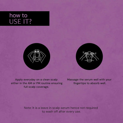 Instructions for using a scalp serum on a purple background