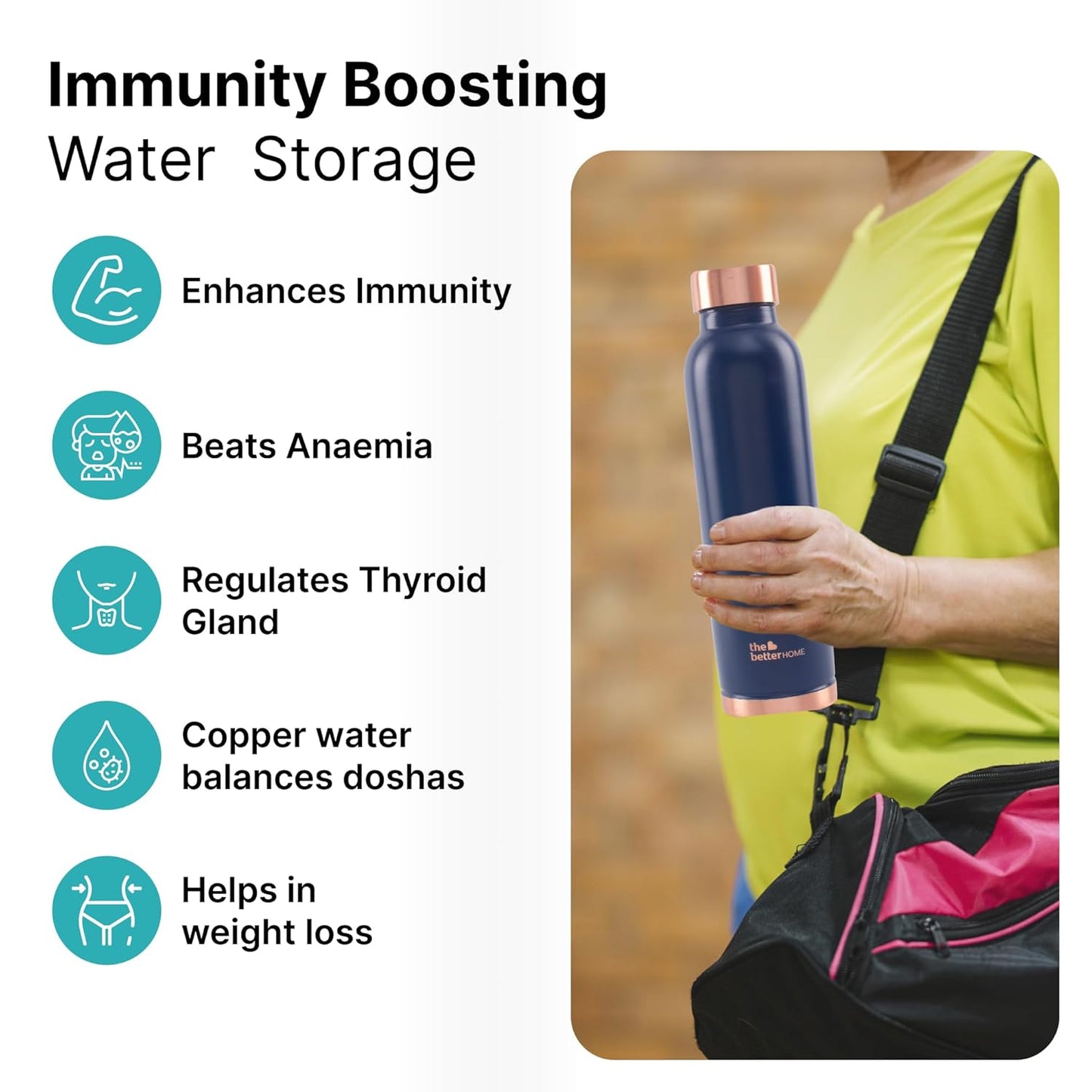 Person holding a blue water bottle with immunity boosting benefits listed on a white background