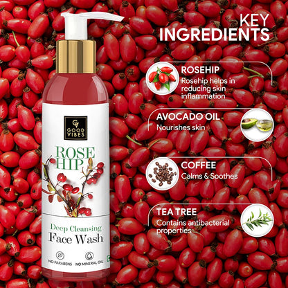 Good Vibes Rosehip Deep Cleansing Face Wash, 120 ml Naturally Controls Excess Sebum & Acne, Moisturizing Skin Softening Formula for All Skin Types, No Parabens & Mineral Oil