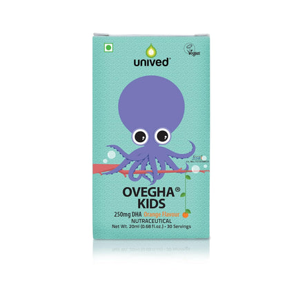 Zephivo Unived OVEGHA Kids, Vegan Algae Omega-3 DHA 250mg DHA, Liquid Dropper, Natural Orange Flavour, 30 servings
