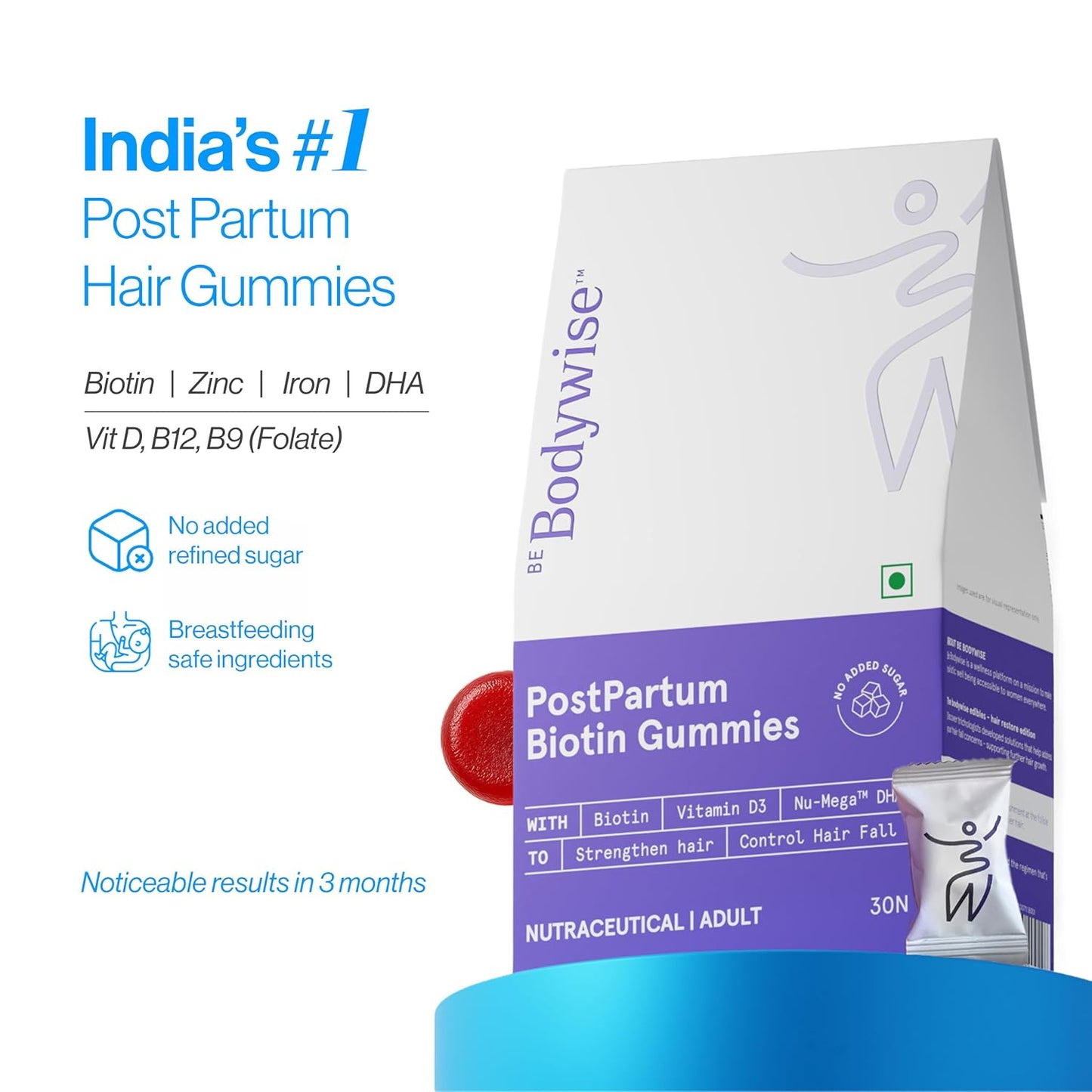 Be Bodywise Biotin Hair Supplement Gummies for Postpartum Hair fall | Breastfeeding Safe | Reduces Hairfall, Strengthens Hair & Improves Density | Zinc, Folic Acid & Multivitamins | No Added Refined Sugar, 30 Day Pack