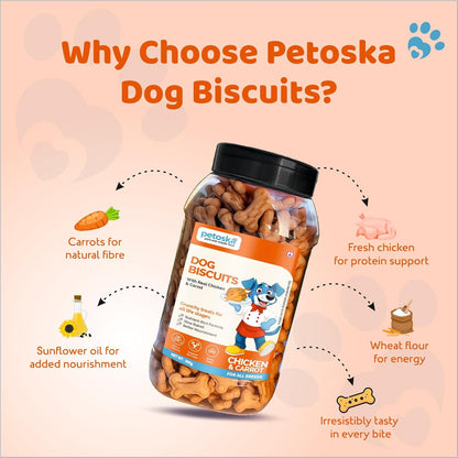 Petoska Chicken & Carrot Dog Biscuits for Small, Medium & Large Breeds | 500g Jar| Real Chicken & Carrot Treats | Crunchy Dog Food Biscuits | High Protein, Slow-Baked, Fresh & Safe