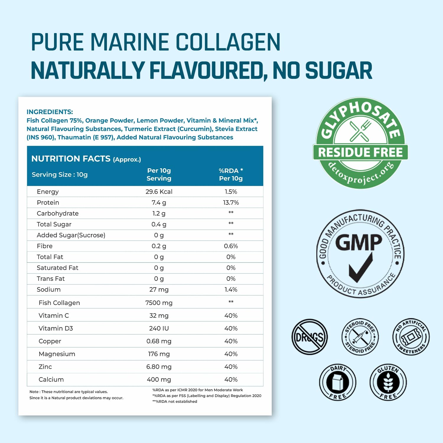 Nutritional label and ingredient list for pure marine collagen with certification logos on a blue background.