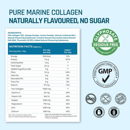 Nutritional label and ingredient list for pure marine collagen with certification logos on a blue background.