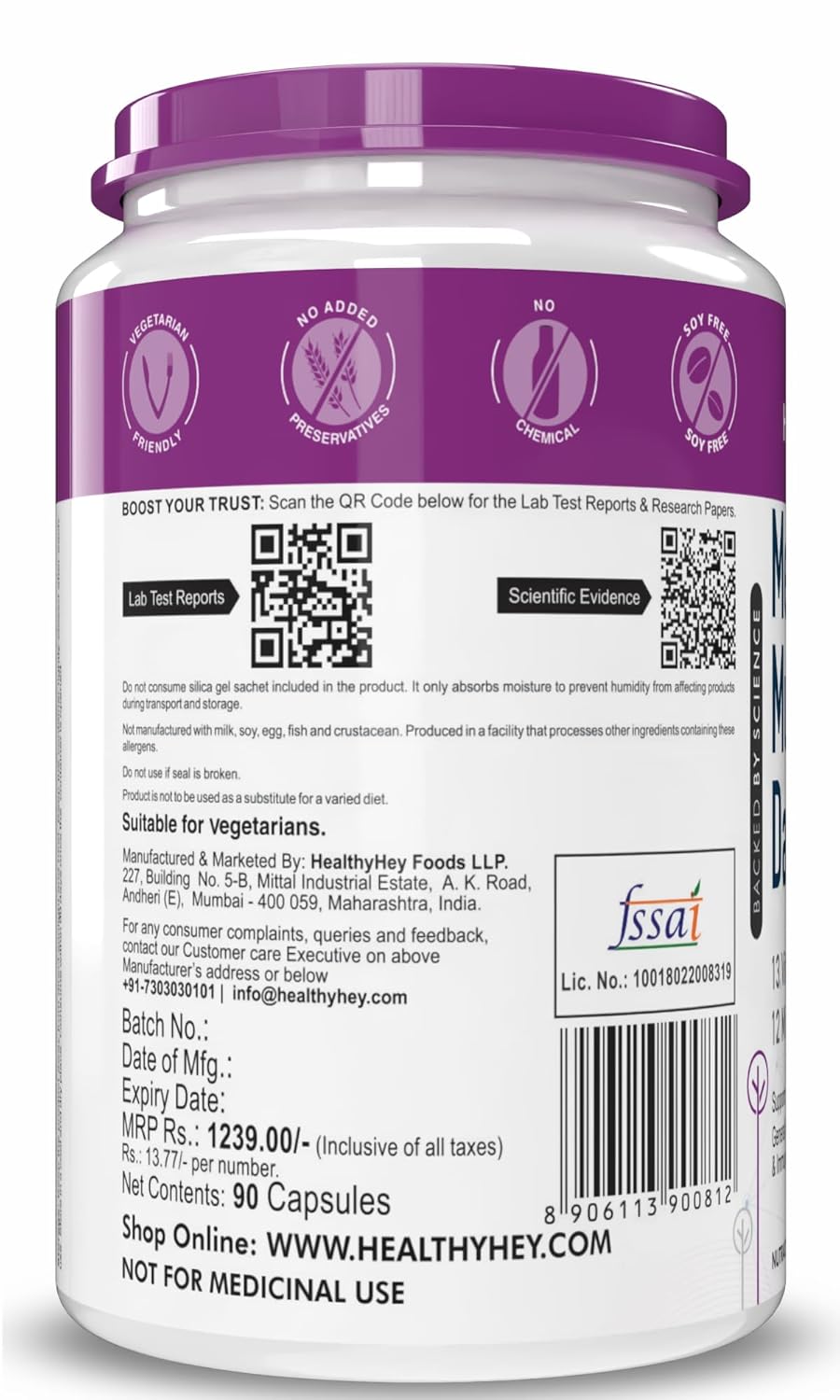 Back view of a supplement container with a purple lid and text on a white background