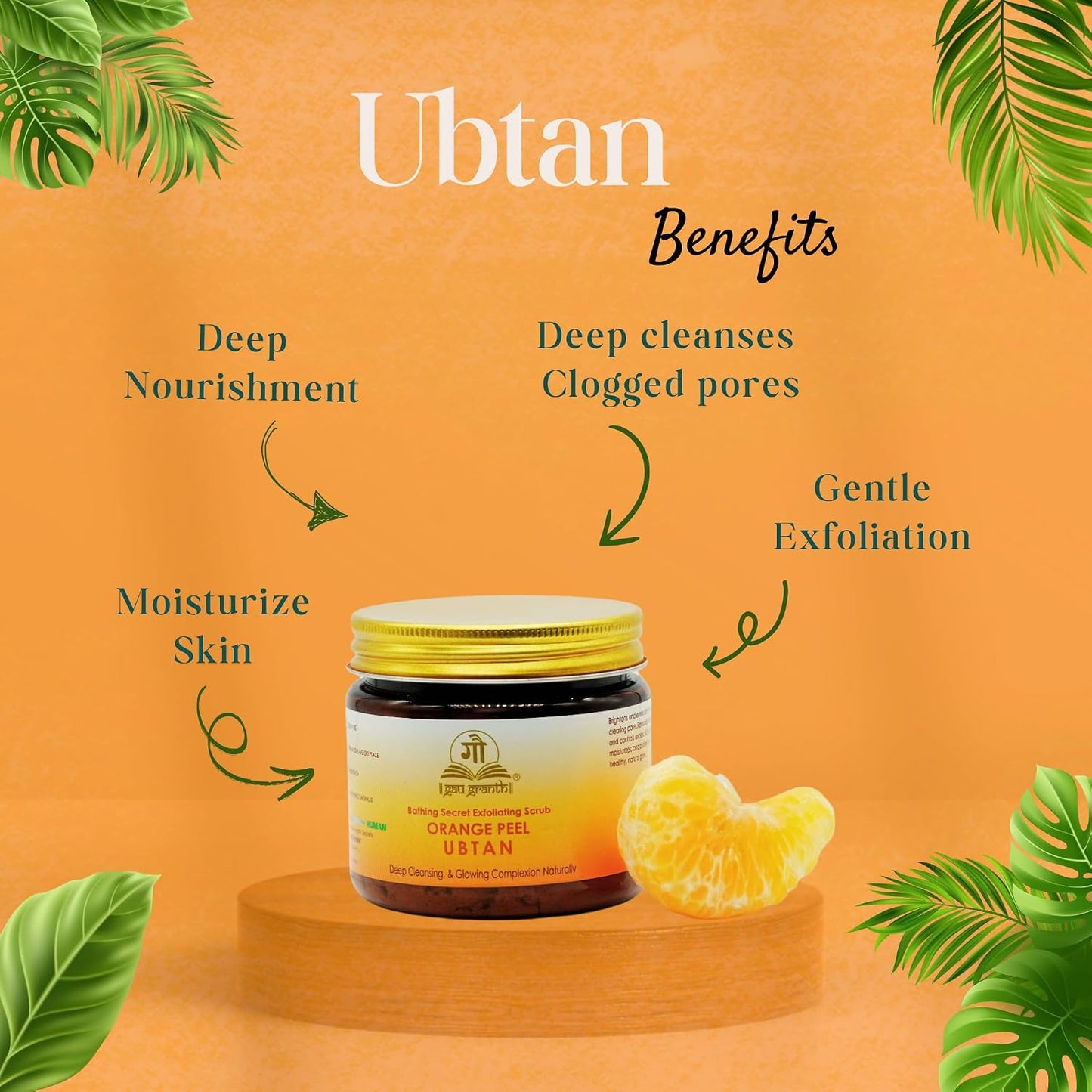 GauGranth Ubtan Orange Peel - 80G (Pack Of 1) | Orange Peel,Sandalwood, Rose Petals, Amba haladi, Hibiscus petals, Amla, Red Lentil etc | Removes Dead Skin, Blackheads & Excess Oil