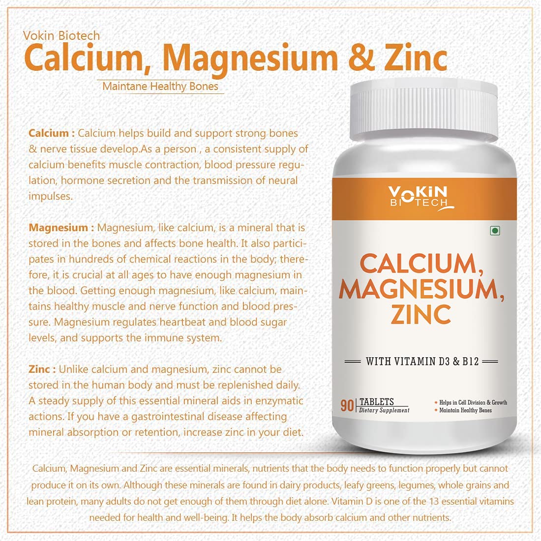 Yokin Biotech Calcium, Magnesium, Zinc supplement bottle with descriptive text on a light background