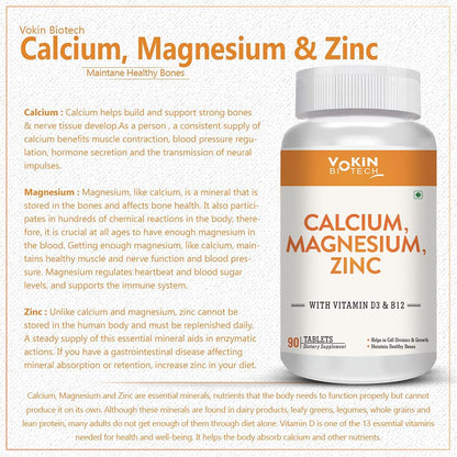 Yokin Biotech Calcium, Magnesium, Zinc supplement bottle with descriptive text on a light background