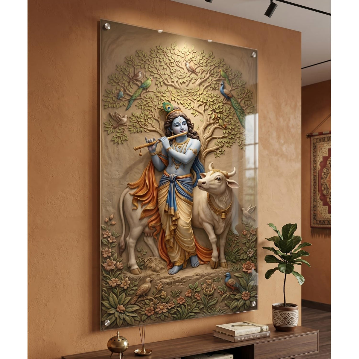 Krishna with Cow Acrylic Wall Painting for Living Room | 4MM Acrylic Glass Wall Decor | Vastu Krishna Canvas Art for Home Decoration, Bedroom, Office Wall Decoration | Spiritual Tree of Life Painting (12x23 inch)