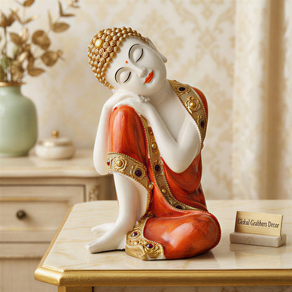 Buddha Idol Statue | Show Pieces for Home Decor Living Room (Orange White Glossy)
