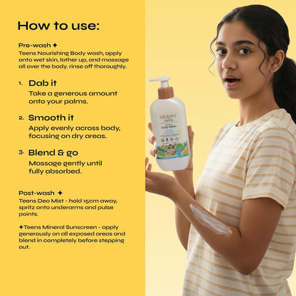 Tikitoro Teens Hydrating Body Lotion 100% Vegan with Shea Butter, Sea Buckthorn, Kashmiri Saffron Extract, Moisturises, Soothes & Nourishes Skin (Age: 11+ Years) (300 ml x 1)
