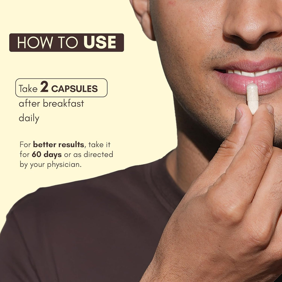 Person holding a capsule with text on how to use it, on a beige background