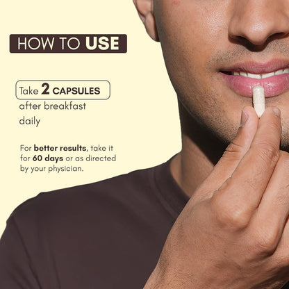 Person holding a capsule with text on how to use it, on a beige background