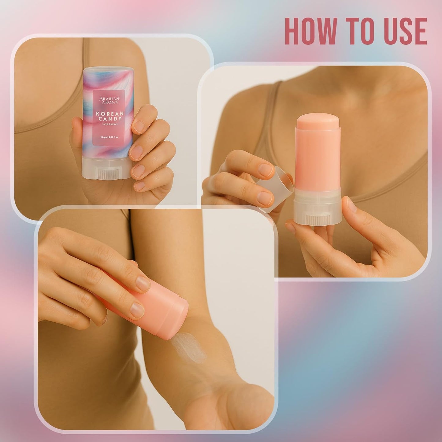Instructions on how to use a cosmetic stick with close-up shots of hands holding and applying the product.