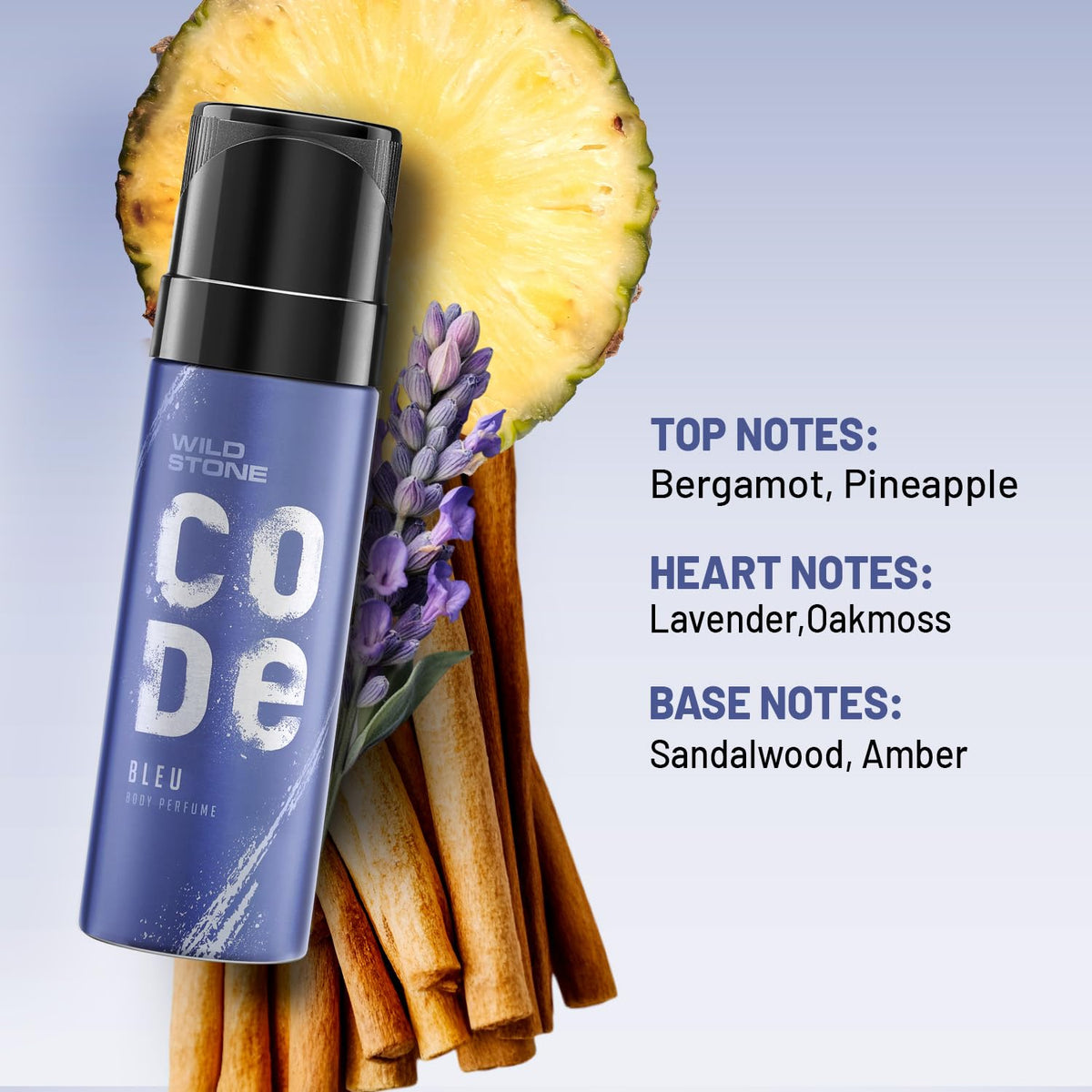 Wild Stone Code Bleu deodorant with pineapple, cinnamon, and lavender on a light blue background